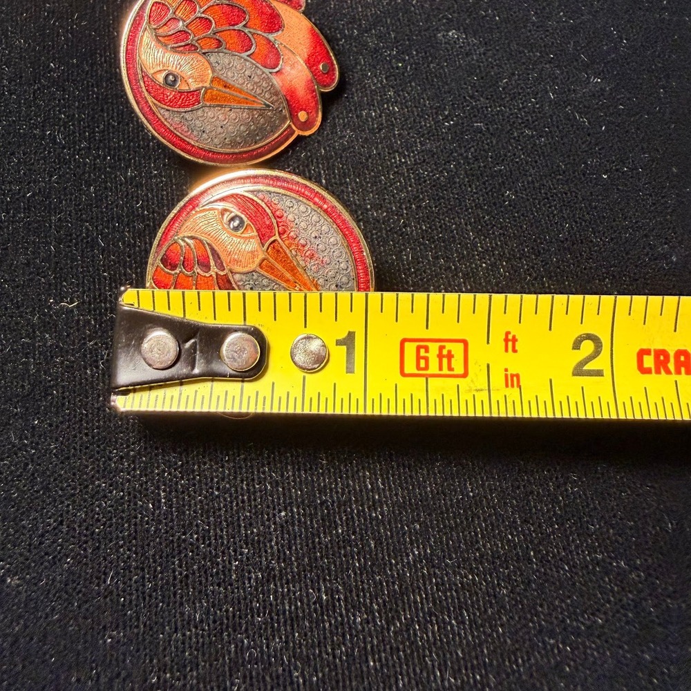 Vintage Red Orange Cloisonne Enamel Bird Stud Earrings Gold Tone Pheonix - Picture 5 of 6